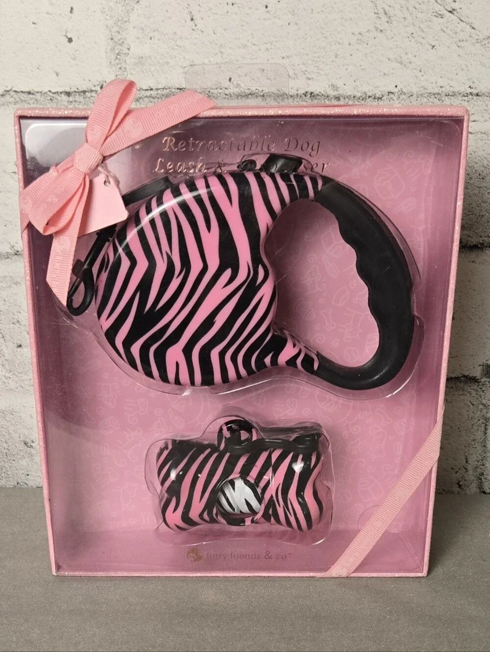 Pink Zebra Retractable Dog Leash & Waste Bag Dispenser Set